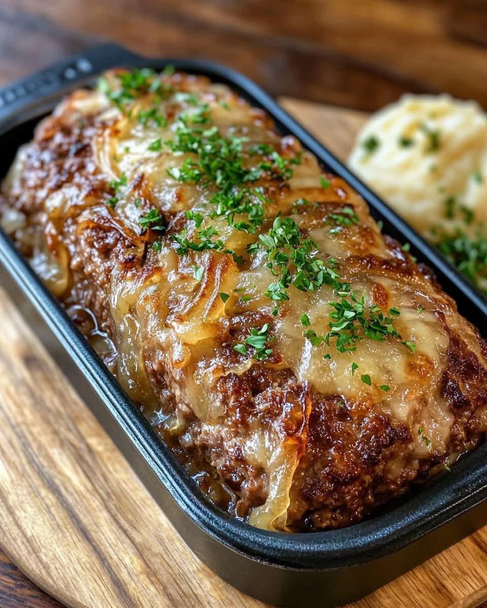 French Onion Meatloaf with Melted Swiss Cheese