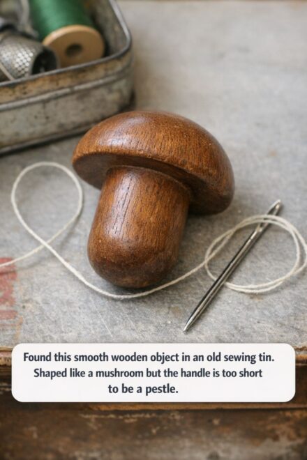 Found this smooth wooden object in an old sewing tin. Shaped like a mushroom but the handle is too short to be a pestle.