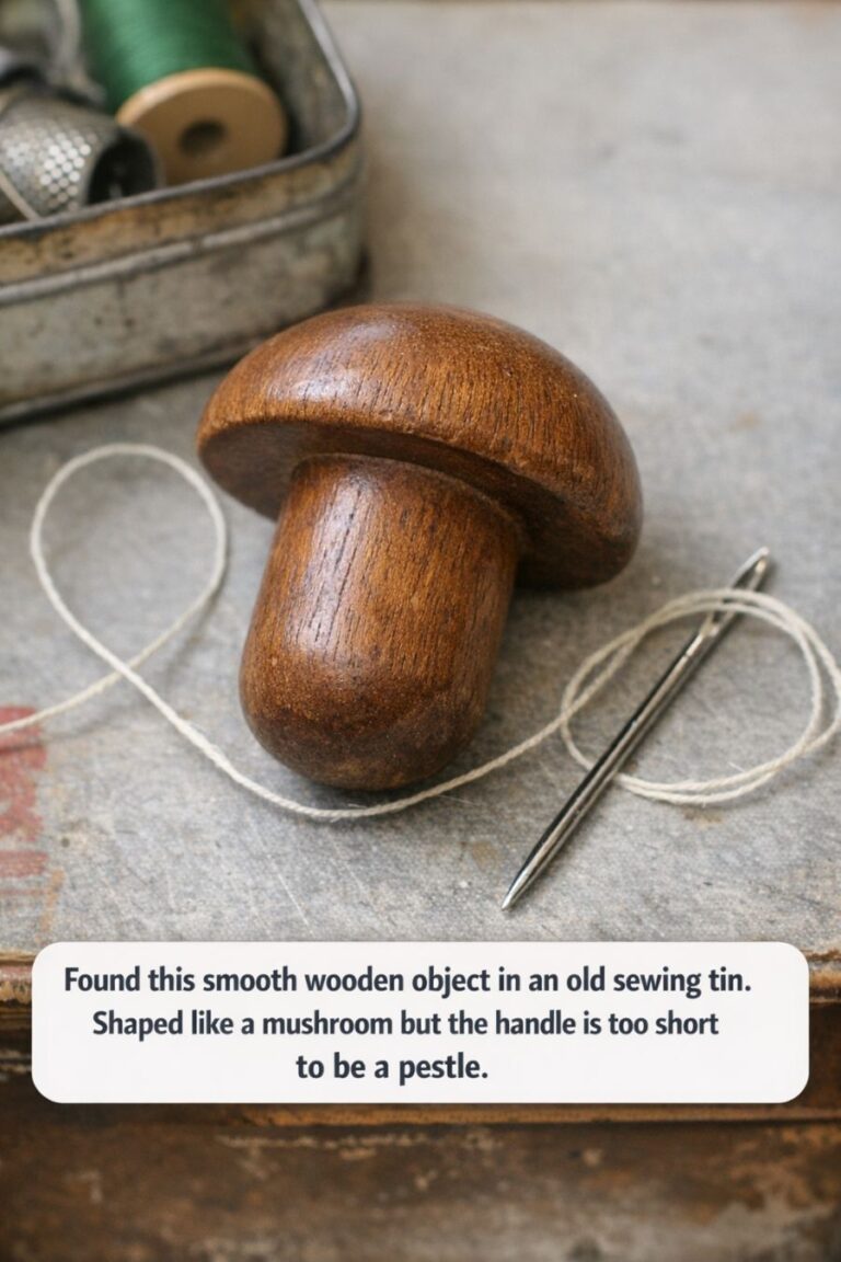 Found this smooth wooden object in an old sewing tin. Shaped like a mushroom but the handle is too short to be a pestle.