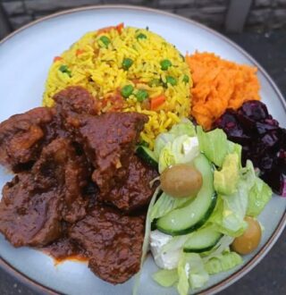 A Perfectly Balanced Meal: Braised Beef Stew, Vegetable Fried Rice, and Creamy Potato Salad