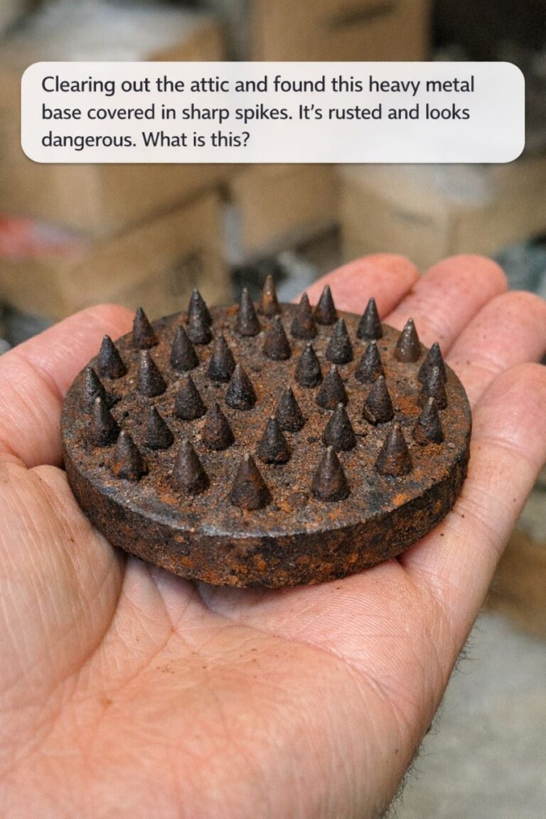 Clearing out the attic and found this heavy metal base covered in sharp spikes. It’s rusted and looks dangerous. What is this?