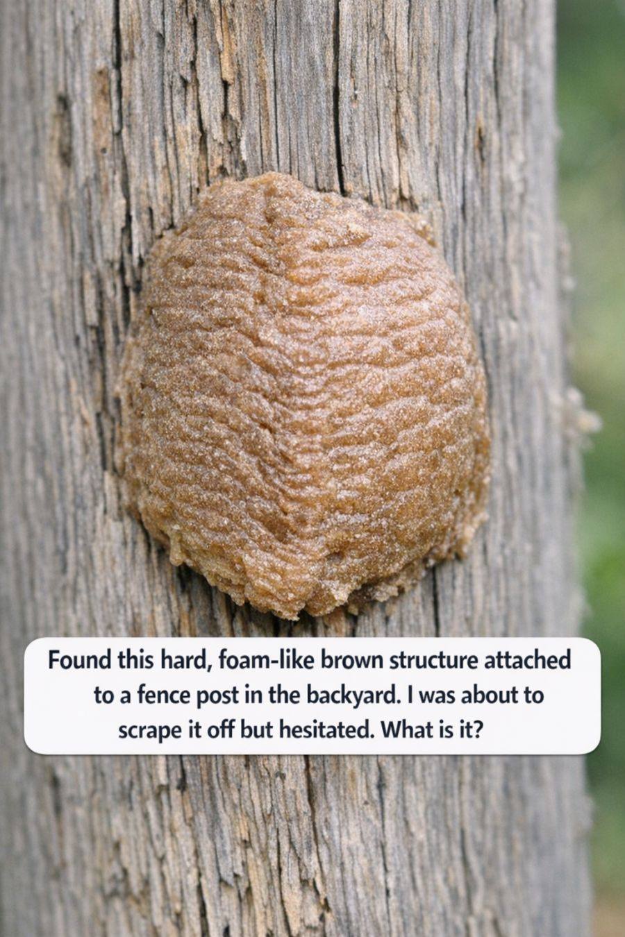 Found this hard, foam-like brown structure attached to a fence post in the backyard. I was about to scrape it off but hesitated. What is it?