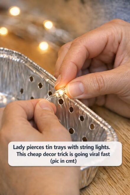 Lady pierces tin trays with string lights. This cheap decor trick is going viral fast