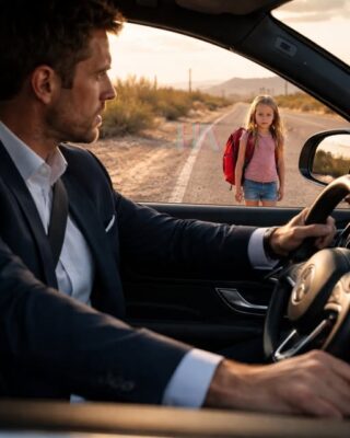 THE BILLIONAIRE STOPPED FOR A GIRL WITH A RED BACKPACK ON A DESERT HIGHWAY… THEN HE HEARD THE BABY CRYING INSIDE
