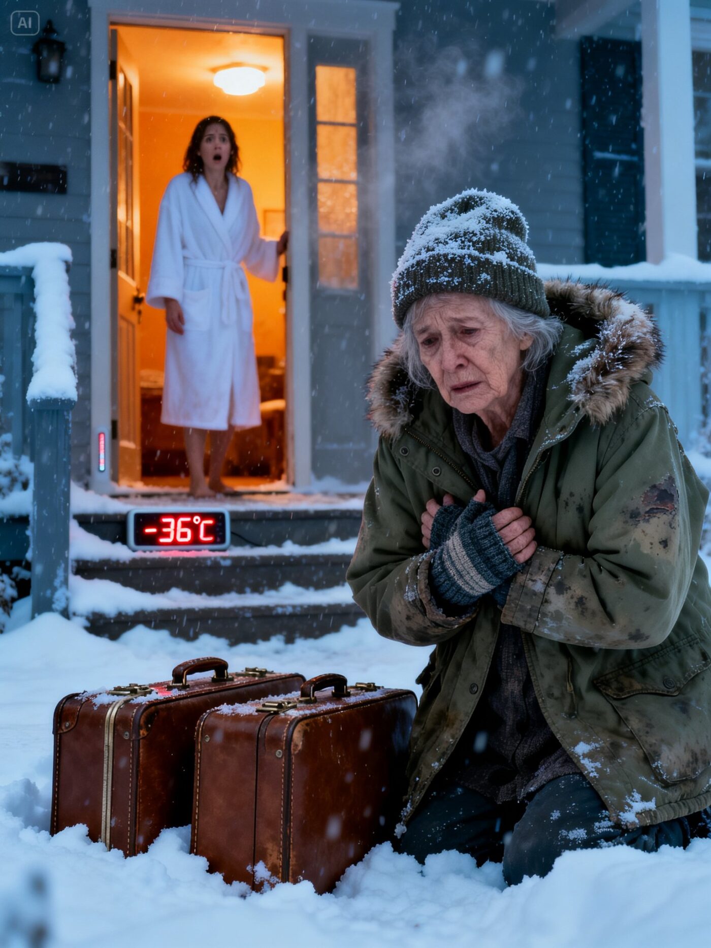 I opened my door at 5:30 a.m. in -38°F, and there she was—my 78-year-old grandma, shaking beside two suitcases while my parents’ SUV disappeared into the dark. “Sorry to bother you, sweetheart,” she whispered. I should’ve broken down. Instead, I made one call. Two weeks later, they were outside my house screaming, “Open this door right now!” They thought dumping her was the end of it. They were wrong.