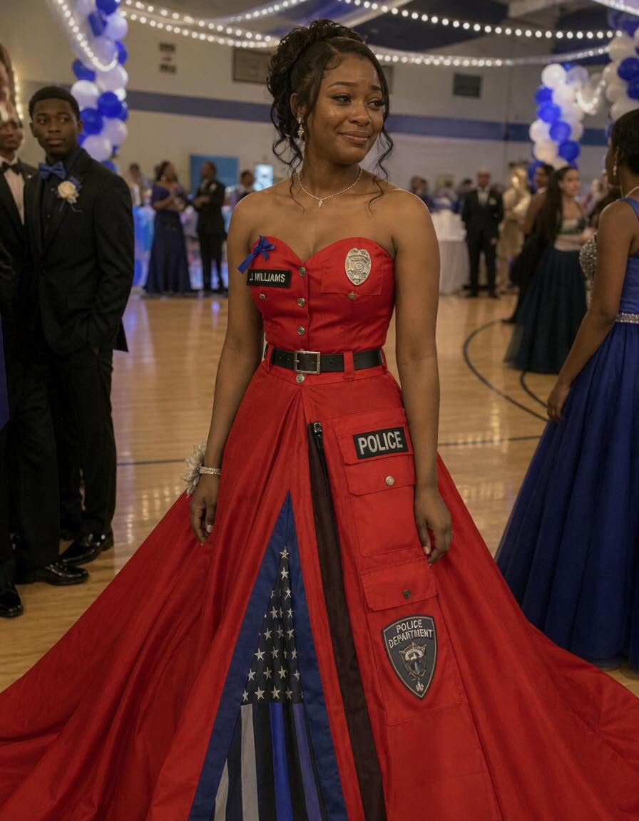 My Daughter Made Her Prom Dress Out of Her Late Father’s Uniform – When Her Mean Classmate Poured Punch on It, the Girl’s Mother Grabbed the Mic and Said Something That Froze the Whole Gym