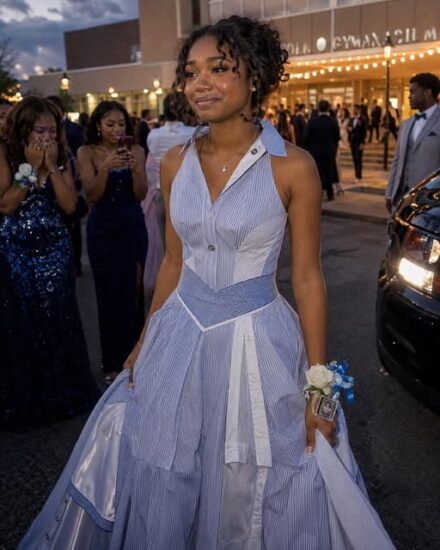 I Sewed a Dress From My Dad’s Shirts for Prom in His Honor – My Classmates Laughed Until the Principal Took the Mic and the Room Fell Silent